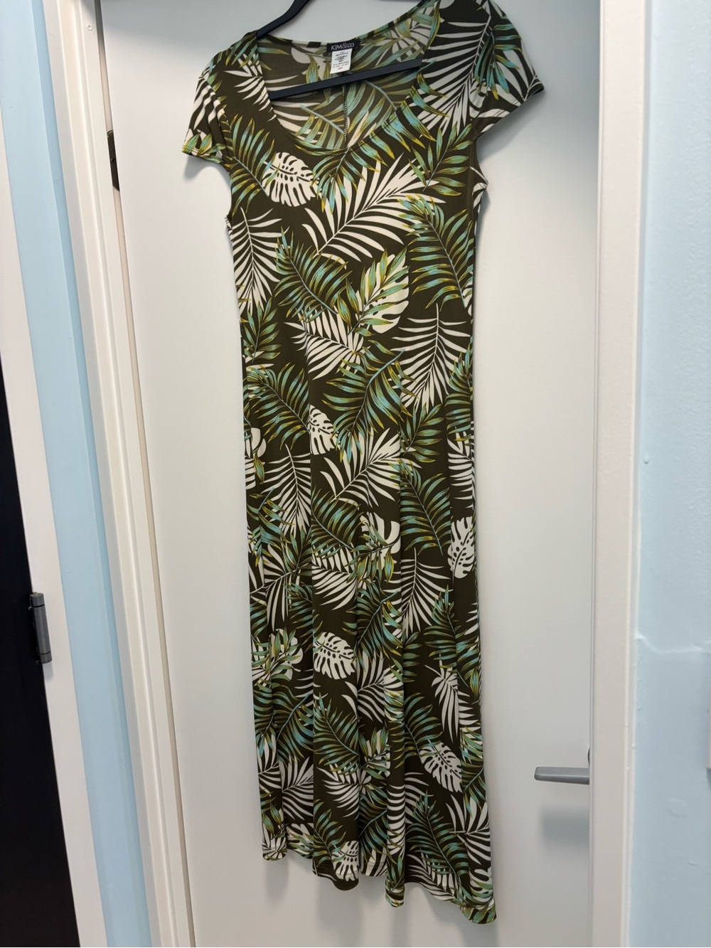 Tropical Leaf Olive Green Short Sleeve Maxi Dress by Kim & Co.